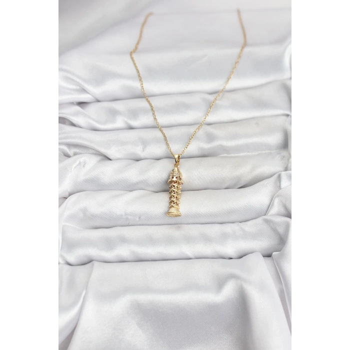 316L Çelik Zincir Gold Renk Balık Model Zirkon Taşlı Kadın Kolye - TJ-BKO10885