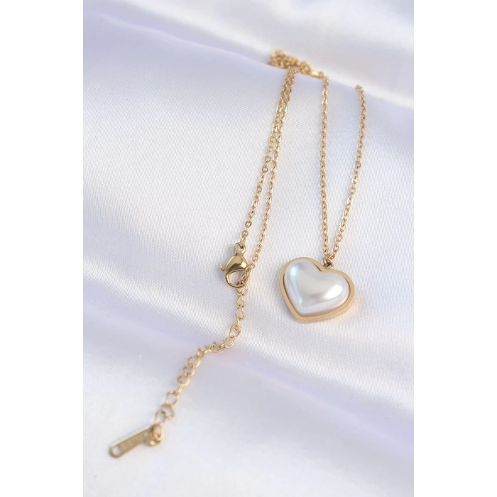 316L Çelik Zincir Gold Renk Beyaz Taşlı Bubble Kalp Kolye - TJ-BKO8737