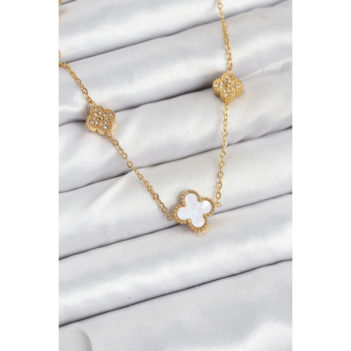 316L Çelik Zincir Gold Renk Beyaz ve Zirkon Taşlı Yonca Kadın Kolye - TJ-BKO10590