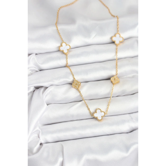 316L Çelik Zincir Gold Renk Beyaz ve Zirkon Taşlı Yonca Kadın Kolye - TJ-BKO10590