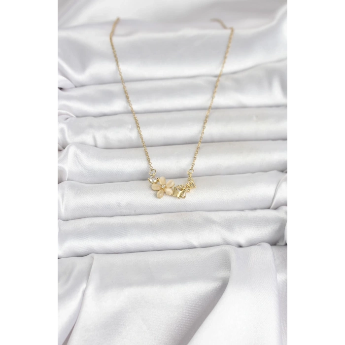 316L Çelik Zincir Gold Renk Çiçek ve Kelebek Model Kadın Kolye - TJ-BKO11038