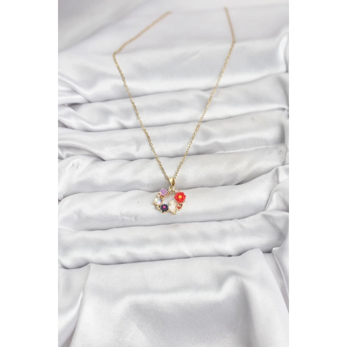 316L Çelik Zincir Gold Renk Çiçekli Kedili Model Kadın Kolye - TJ-BKO10871