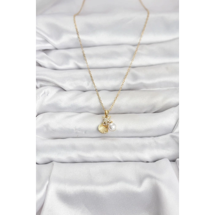 316L Çelik Zincir Gold Renk Deniz Kabuğu ve Deniz Yıldızı Model Zirkon Taşlı Kadın Kolye - TJ-BKO10841