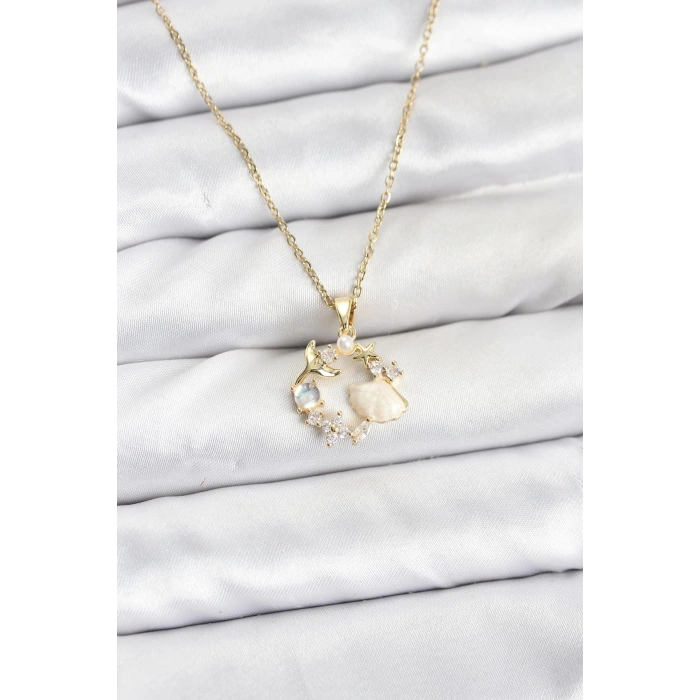 316L Çelik Zincir Gold Renk Deniz Tema Model Zirkon Taşlı Kadın Kolye - TJ-BKO10909