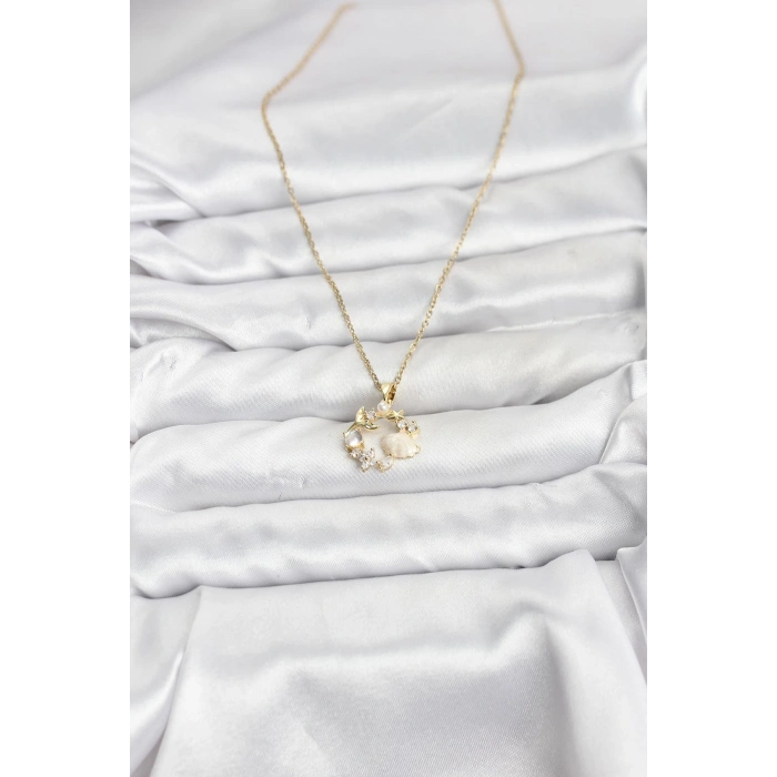 316L Çelik Zincir Gold Renk Deniz Tema Model Zirkon Taşlı Kadın Kolye - TJ-BKO10909