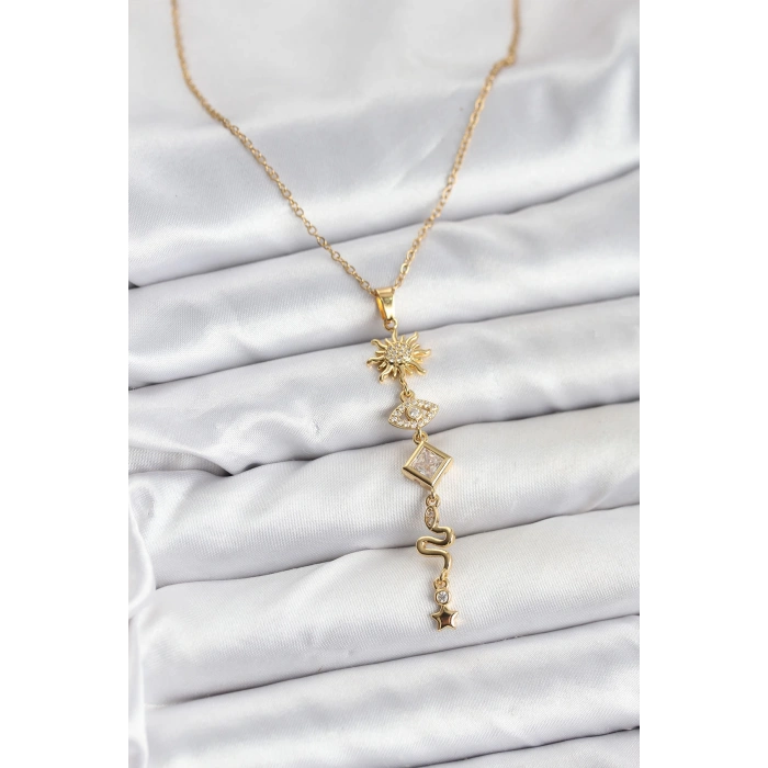 316L Çelik Zincir Gold Renk Güneş ve Enerji Model Kadın Y Kolye - TJ-BKO10668