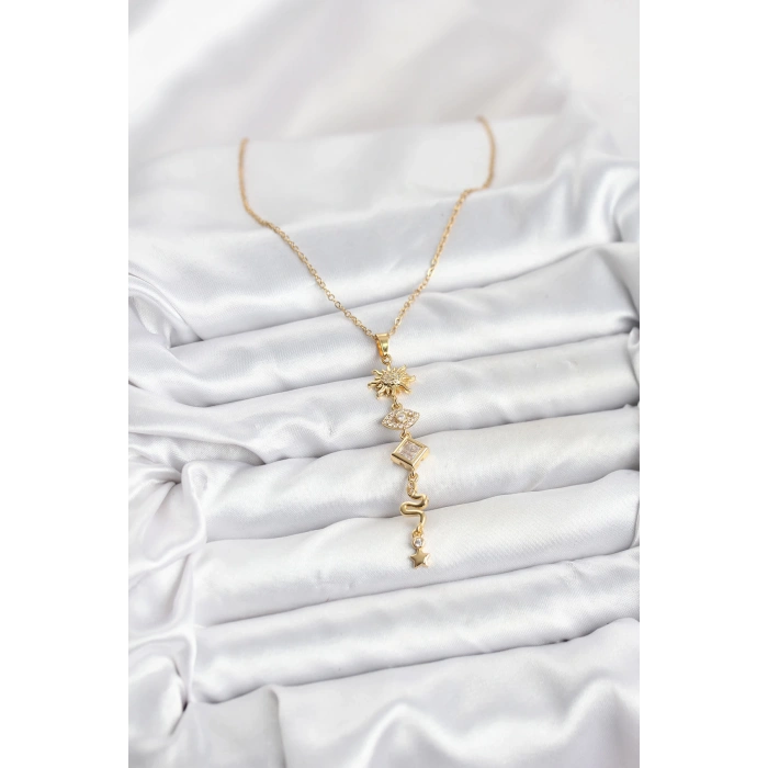 316L Çelik Zincir Gold Renk Güneş ve Enerji Model Kadın Y Kolye - TJ-BKO10668