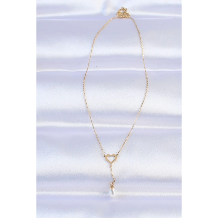 316L Çelik Zincir Gold Renk İnci Taş Detay Kalp Kolye - TJ-BKO8731