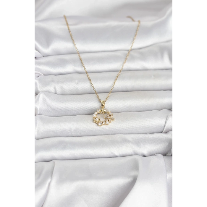 316L Çelik Zincir Gold Renk İncili Çiçek Model Kadın Koyle - TJ-BKO11034