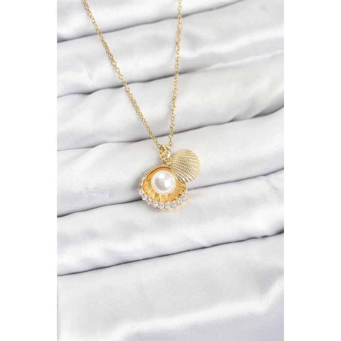 316L Çelik Zincir Gold Renk İncili Deniz Kabuğu Model Zirkon Taşlı Kadın Kolye - TJ-BKO10911