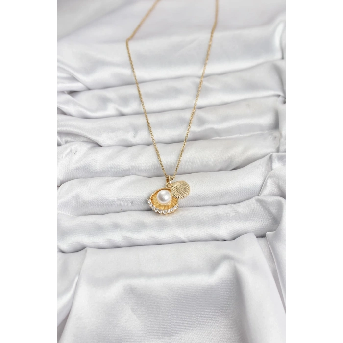 316L Çelik Zincir Gold Renk İncili Deniz Kabuğu Model Zirkon Taşlı Kadın Kolye - TJ-BKO10911