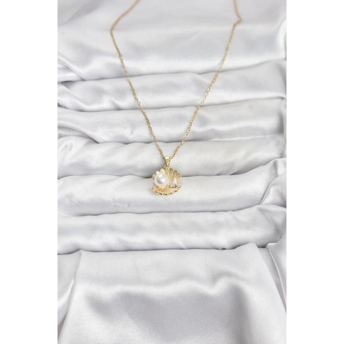 316L Çelik Zincir Gold Renk İstiridye İnci Model Zirkon Taşlı Kadın Kolye - TJ-BKO10850