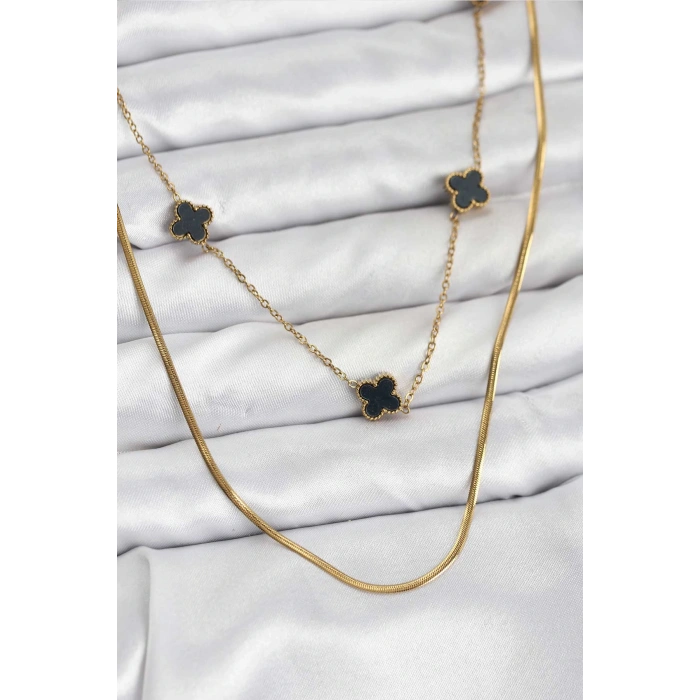 316L Çelik Zincir Gold Renk İtalyan Zincirli Siyah Yonca Model Kadın Kolye - TJ-BKO10782