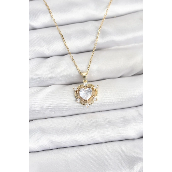 316L Çelik Zincir Gold Renk Kalp Model Zirkon Taşlı Kadın Kolye - TJ-BKO10883