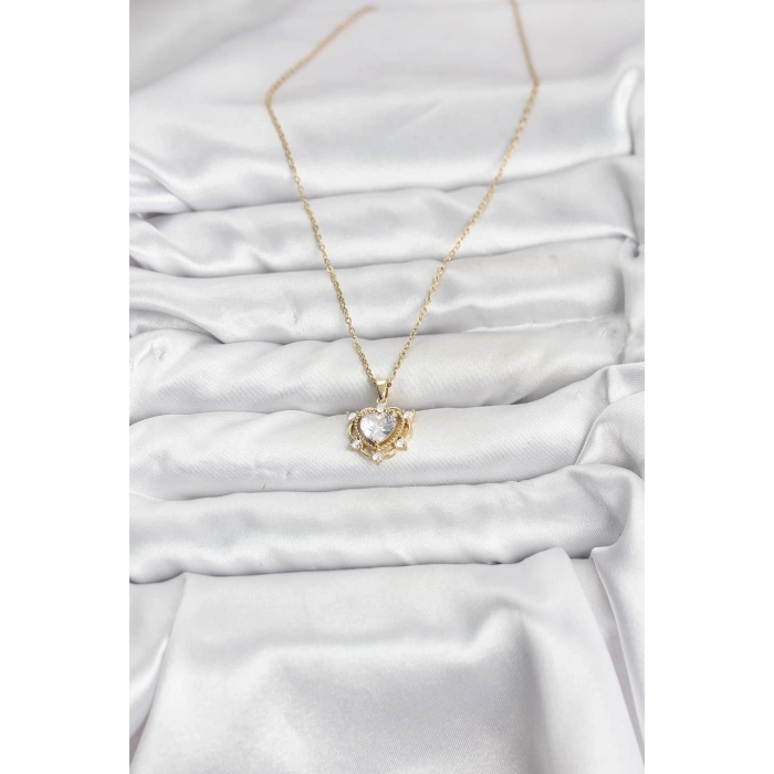 316L Çelik Zincir Gold Renk Kalp Model Zirkon Taşlı Kadın Kolye - TJ-BKO10883