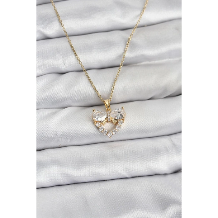 316L Çelik Zincir Gold Renk Kalp ve Fiyonk Model Zirkon Taşlı Kadın Kolye - TJ-BKO10848