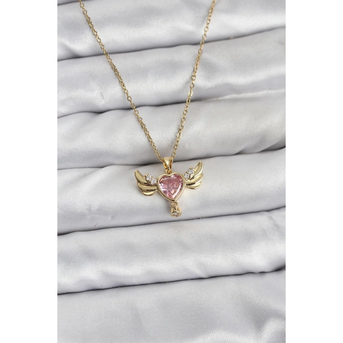 316L Çelik Zincir Gold Renk Kanatlı Kalp Model Zirkon Taşlı Kadın Kolye - TJ-BKO10837