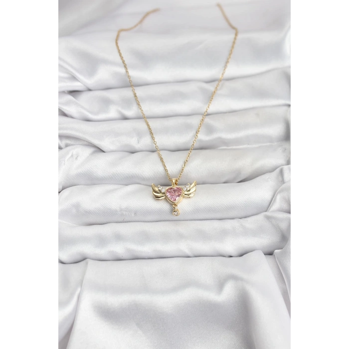 316L Çelik Zincir Gold Renk Kanatlı Kalp Model Zirkon Taşlı Kadın Kolye - TJ-BKO10837