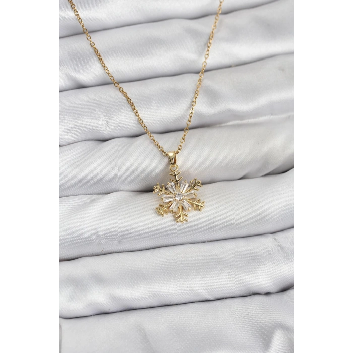316L Çelik Zincir Gold Renk Kar Tanesi Model Zirkon Taşlı Kadın Kolye - TJ-BKO10831