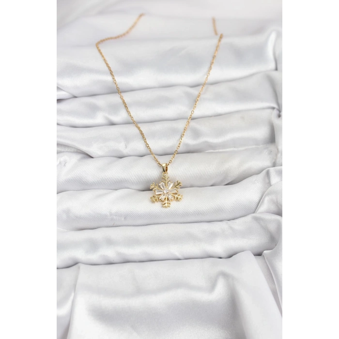 316L Çelik Zincir Gold Renk Kar Tanesi Model Zirkon Taşlı Kadın Kolye - TJ-BKO10831