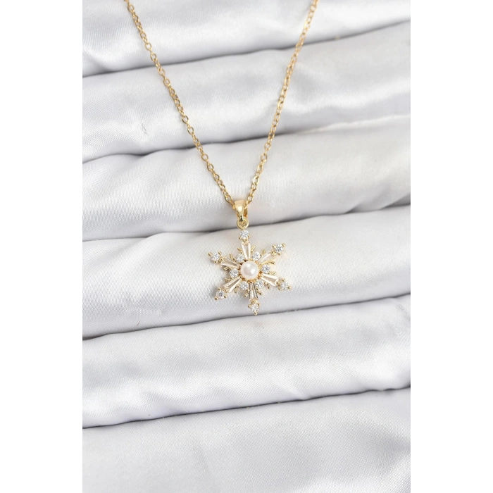 316L Çelik Zincir Gold Renk Kar Tanesi Model Zirkon Taşlı Kadın Kolye - TJ-BKO10865