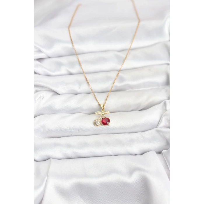 316L Çelik Zincir Gold Renk Kiraz Model Zirkon Taşlı Kadın Kolye - TJ-BKO10854