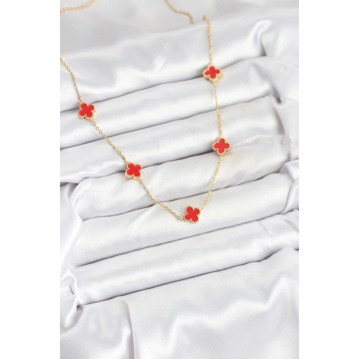 316L Çelik Zincir Gold Renk Kırmızı Baby Boy Yonca Kadın Kolye - TJ-BKO10580