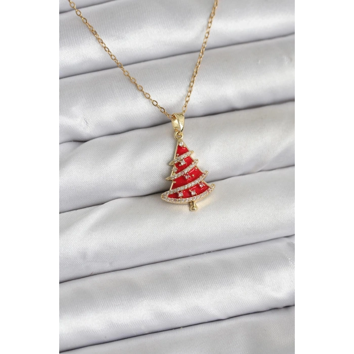 316L Çelik Zincir Gold Renk Kırmızı Çam Ağacı Model Yılbaşı Temalı Kadın Kolye - TJ-BKO10714