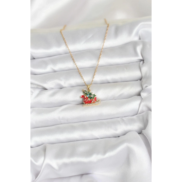 316L Çelik Zincir Gold Renk Kızak ve Çam Ağacı Figürlü Yılbaşı Temalı Kadın Kolye - TJ-BKO10716