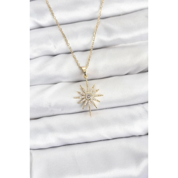 316L Çelik Zincir Gold Renk Kutup Yıldızı Model Zirkon Taşlı Kadın Kolye - TJ-BKO10877