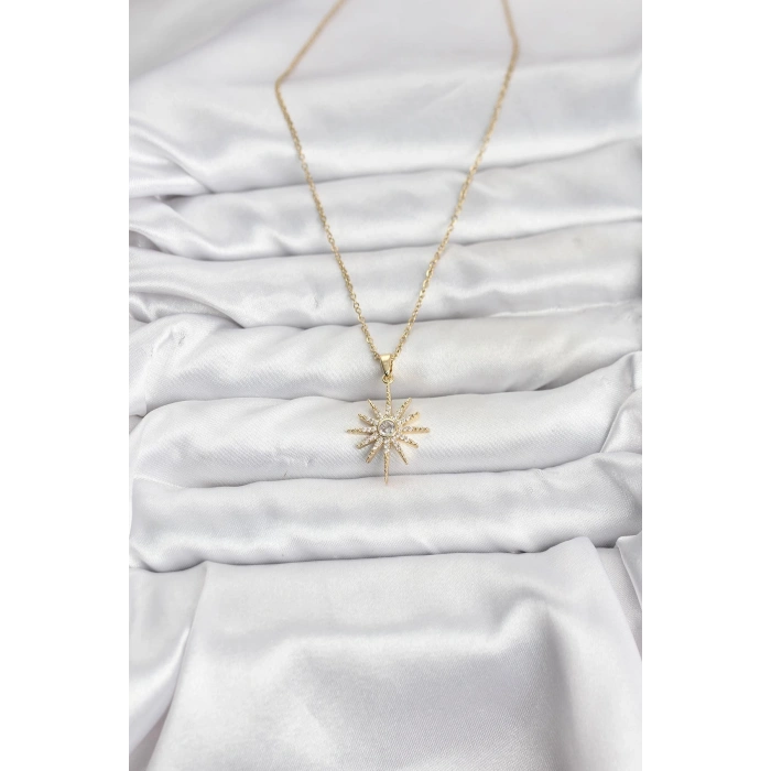 316L Çelik Zincir Gold Renk Kutup Yıldızı Model Zirkon Taşlı Kadın Kolye - TJ-BKO10877
