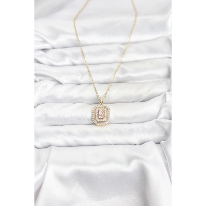 316L Çelik Zincir Gold Renk Plaka Model Zirkon Taşlı Kadın Kolye - TJ-BKO10858
