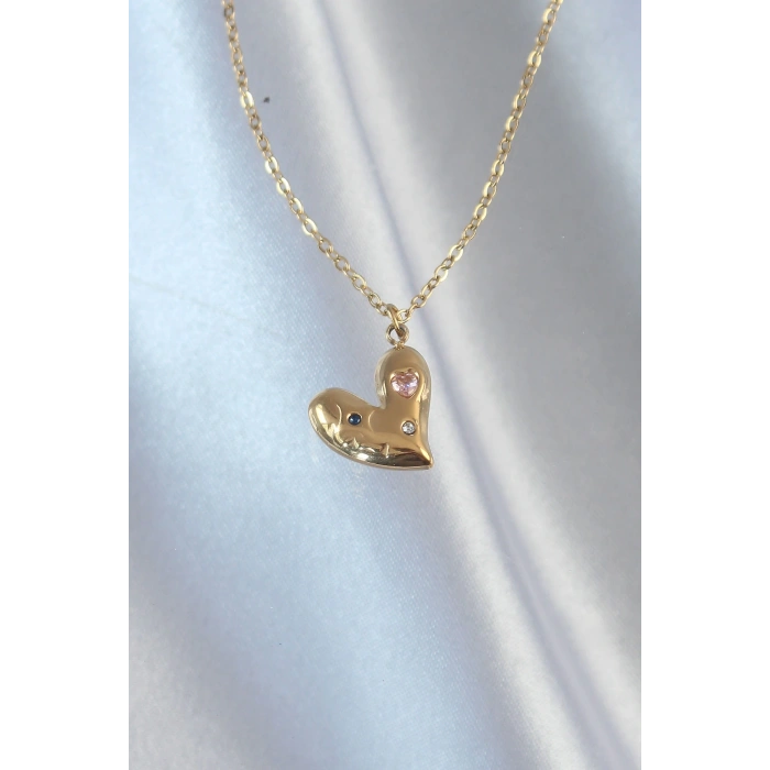 316L Çelik Zincir Gold Renk Renkli Zirkon Taşlı Kalp Kolye - TJ-BKO8905