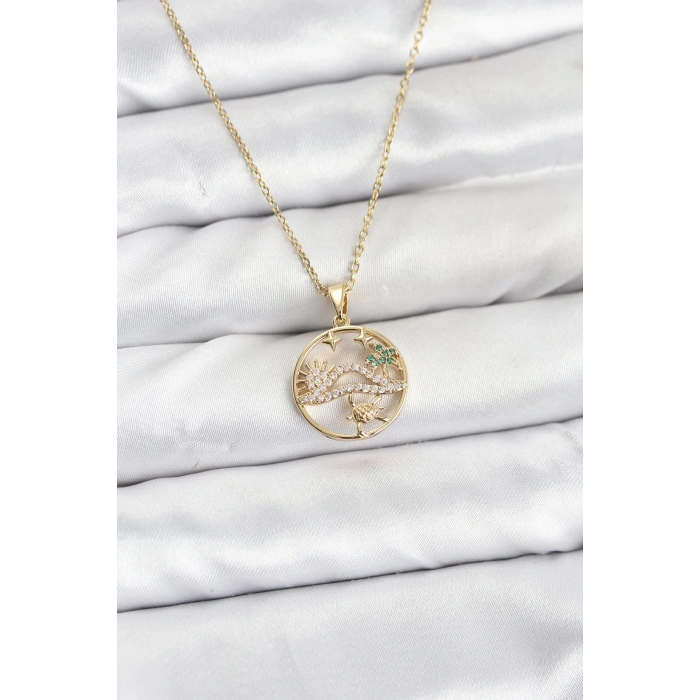 316L Çelik Zincir Gold Renk Şans Kolyesi Model Zirkon Taşlı Kadın Kolye - TJ-BKO10899