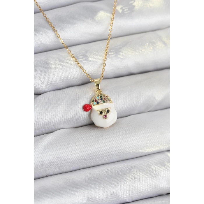 316L Çelik Zincir Gold Renk Şapkalı Kardan Adam Kafası Model Yılbaşı Temalı Kadın Kolye - TJ-BKO10703