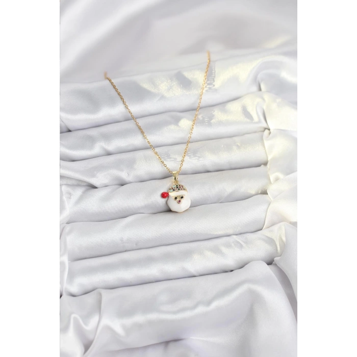 316L Çelik Zincir Gold Renk Şapkalı Kardan Adam Kafası Model Yılbaşı Temalı Kadın Kolye - TJ-BKO10703