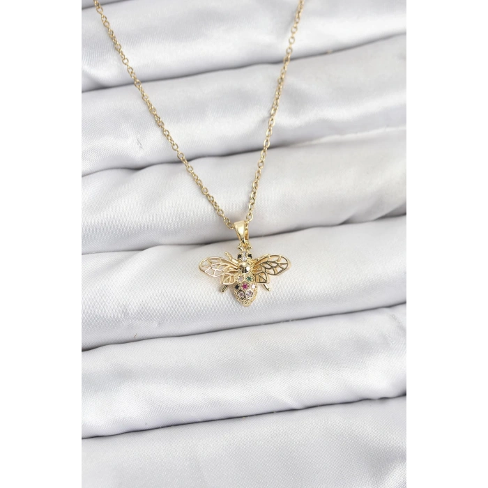 316L Çelik Zincir Gold Renk Sinek Model Zirkon Taşlı Kadın Kolye - TJ-BKO10875