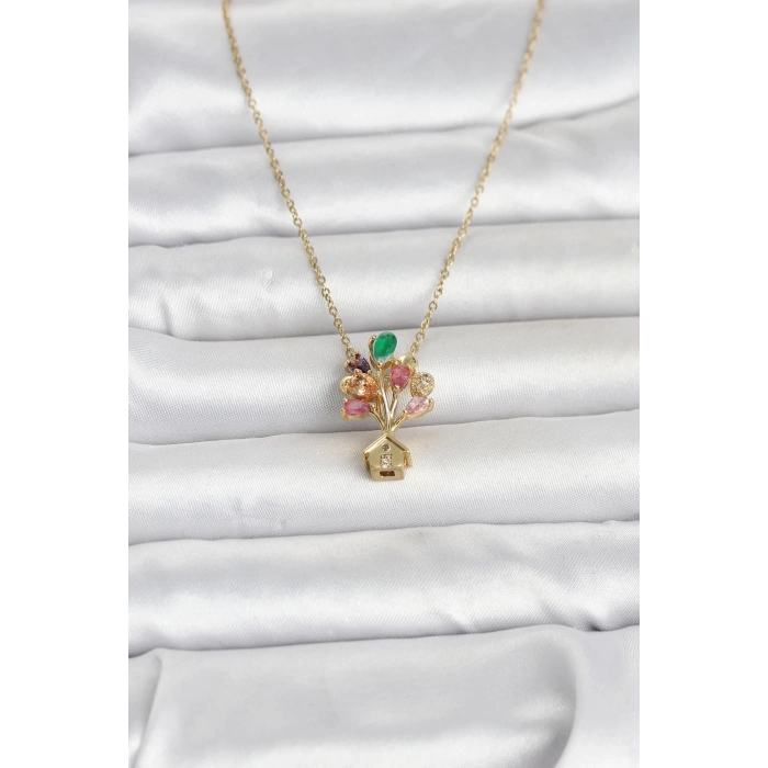 316L Çelik Zincir Gold Renk Uçan Balon Ev Figür Kadın Kolye - TJ-BKO11026