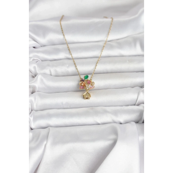 316L Çelik Zincir Gold Renk Uçan Balon Ev Figür Kadın Kolye - TJ-BKO11026