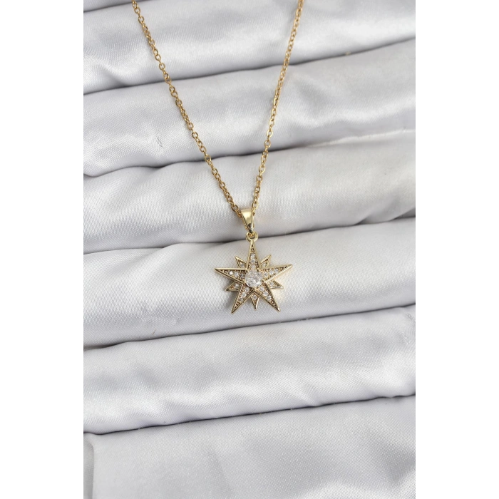 316L Çelik Zincir Gold Renk Yıldız Model Zirkon Taşlı Kadın Kolye - TJ-BKO10844