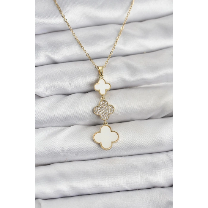 316L Çelik Zincir Gold Renk Yonca Detaylı Zirkon Taşlı Kadın Kolye - TJ-BKO10829