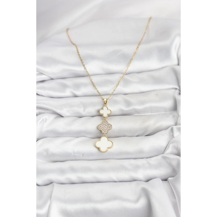 316L Çelik Zincir Gold Renk Yonca Detaylı Zirkon Taşlı Kadın Kolye - TJ-BKO10829