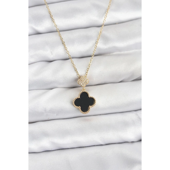 316L Çelik Zincir Gold Renk Yonca Model Zirkon Taşlı Kadın Kolye - TJ-BKO10863