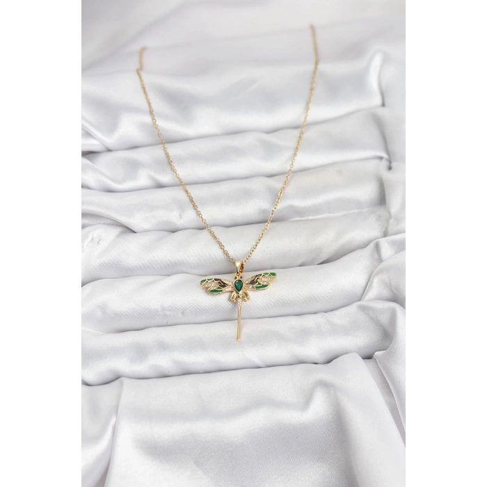 316L Çelik Zincir Gold Renk Yusufçuk Model Zirkon Taşlı Kadın Kolye - TJ-BKO10833