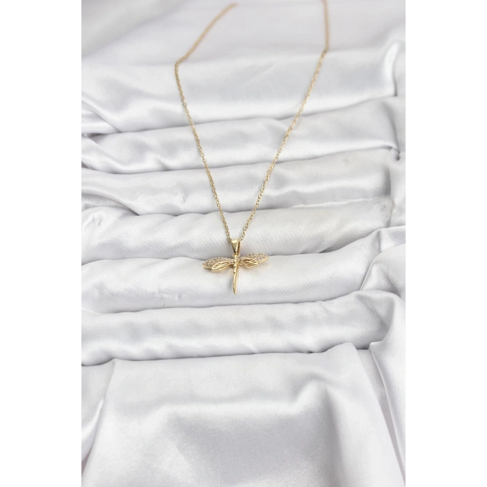 316L Çelik Zincir Gold Renk Yusufçuk Model Zirkon Taşlı Kadın Kolye - TJ-BKO10887