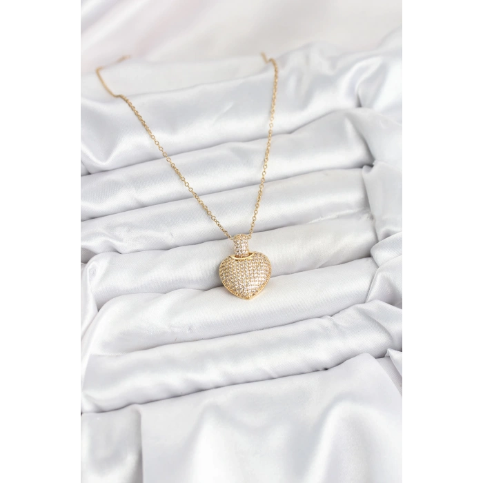 316L Çelik Zincir Gold Renk Zirkon Taşlı Kalpli Kadın Kolye - TJ-BKO10607