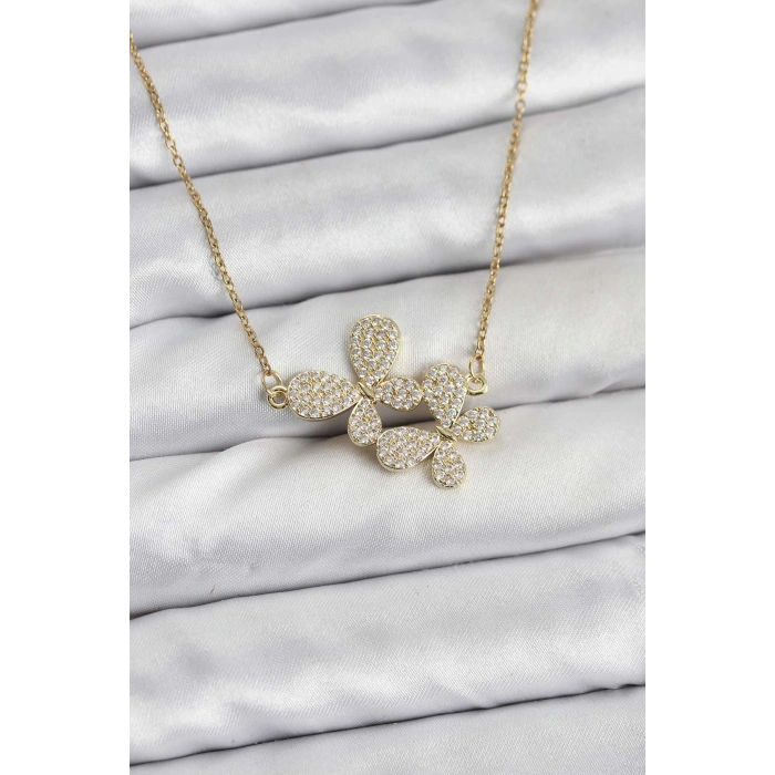 316L Çelik Zincir Gold Renk Zirkon Taşlı Kelebek Model Kadın Kolye - TJ-BKO10769
