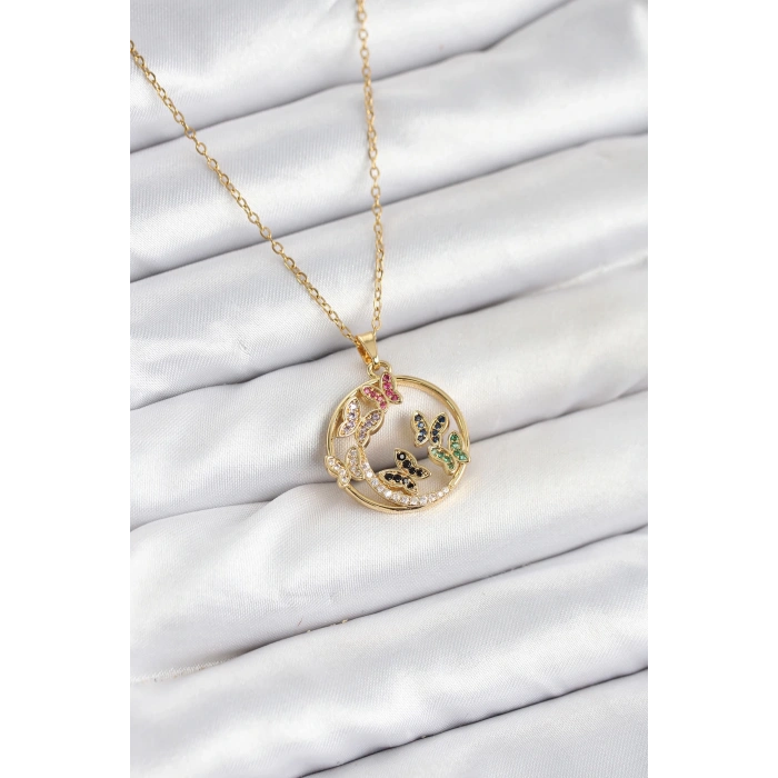 316L Çelik Zincir Gold Renk Zirkon Taşlı Kelebekli Kadın Kolye - TJ-BKO10609