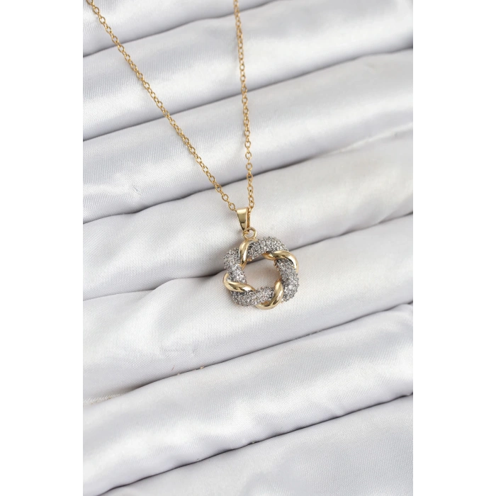 316L Çelik Zincir Gold Renk Zirkon Taşlı Sarmal Model Kadın Kolye - TJ-BKO10612