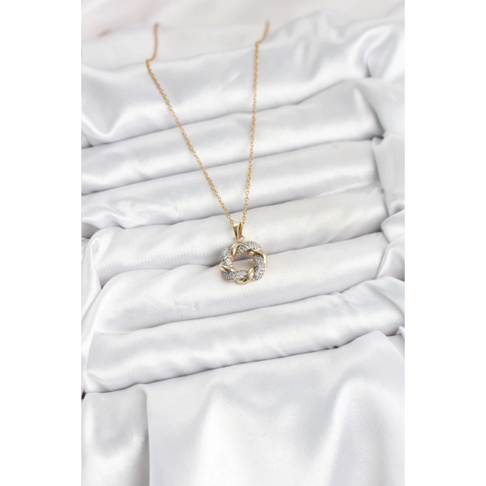 316L Çelik Zincir Gold Renk Zirkon Taşlı Sarmal Model Kadın Kolye - TJ-BKO10612